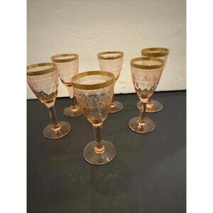 (6) Vintage Pink Diamond Pattern With Etched Depression Cordial Gold Rim